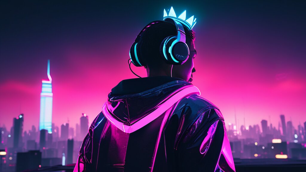 Riot on a neon-lit rooftop with noise-canceling headphones crown