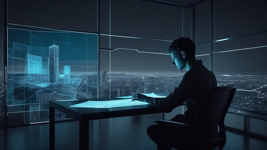 Leviticus (Alchemist) analyzing data in a minimalist apartment