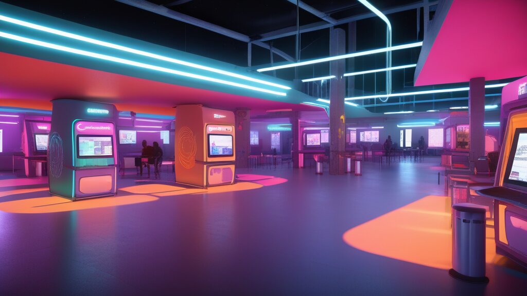 Vibrant community hub with neon accents and quiet zones