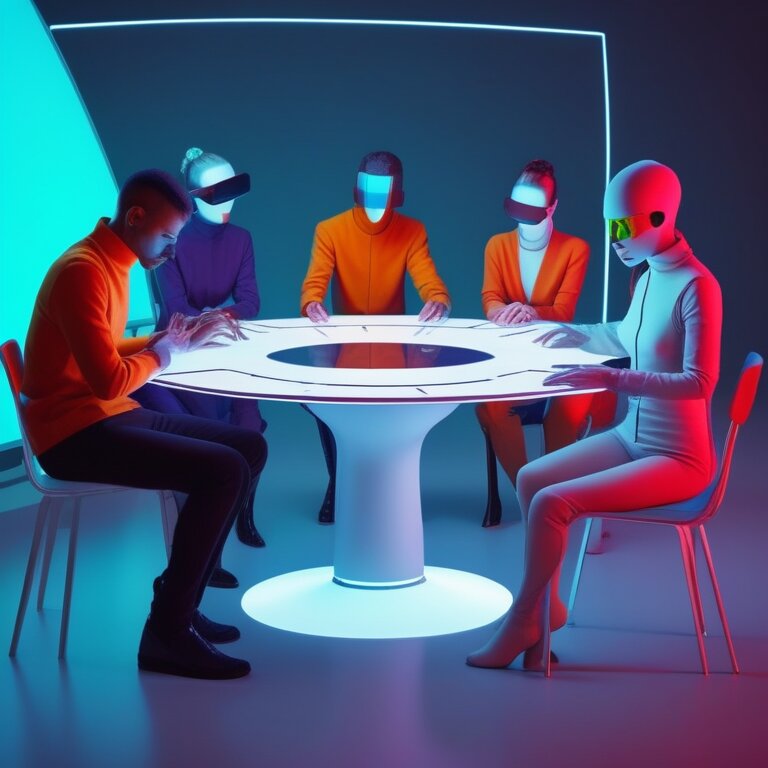 Group of people sitting around a futuristic 'No-Masking' table