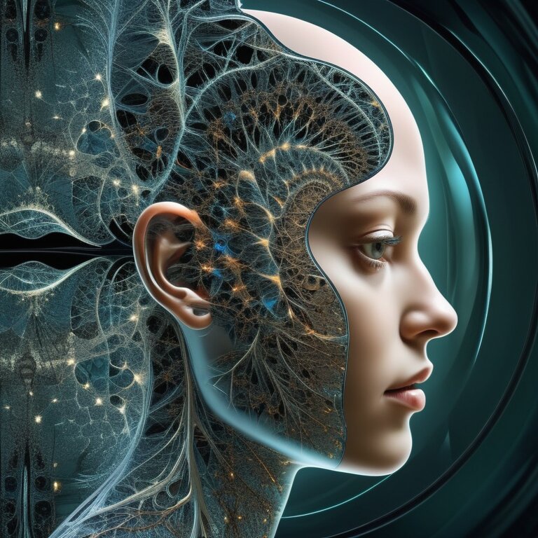 A person looking into a Data Mirror seeing their neural patterns as fractals