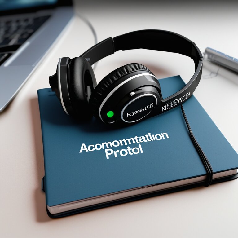 High-fidelity noise-canceling headset resting on an Accommodation Protocol notebook