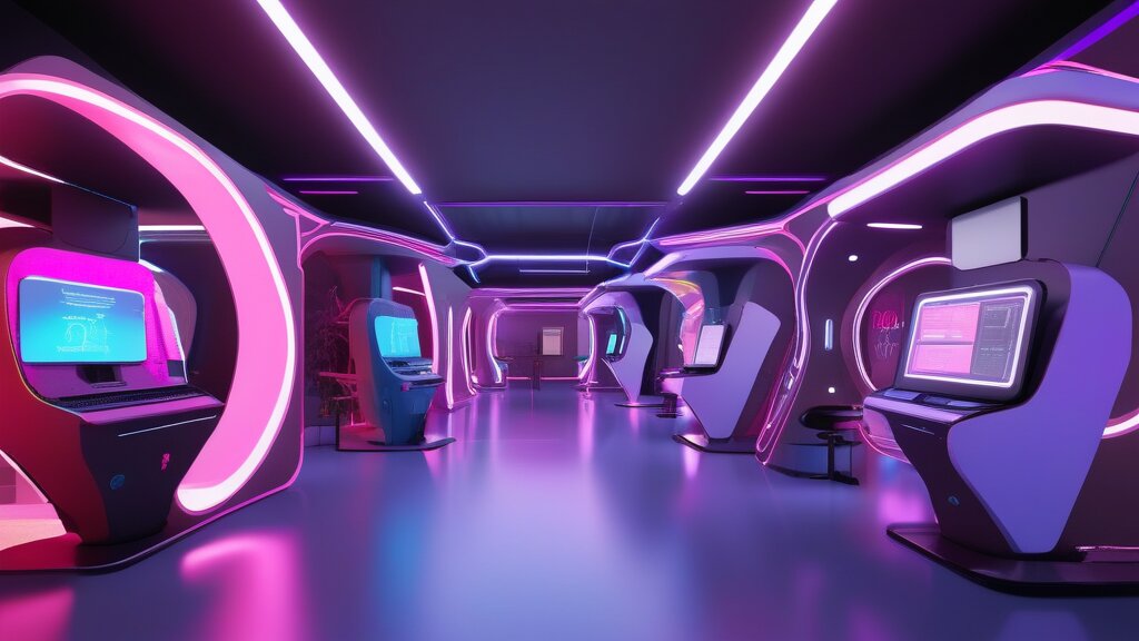 Futuristic Neuro-Affirming Workplace with neon accents and quiet zones