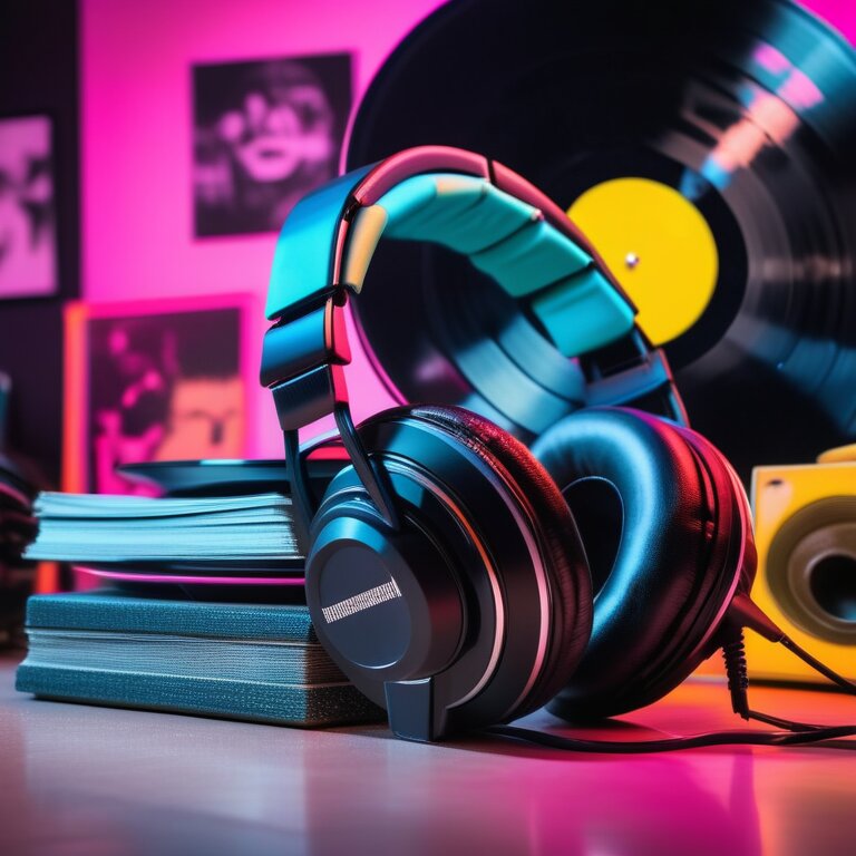 Headphones and punk rock vinyl records