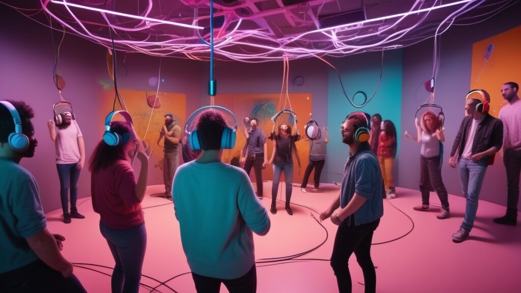 Vibrant neurodivergent people hanging out in a high-vibration creative space