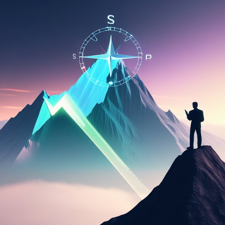 A stylized person standing at the peak of a data mountain holding an SOP compass