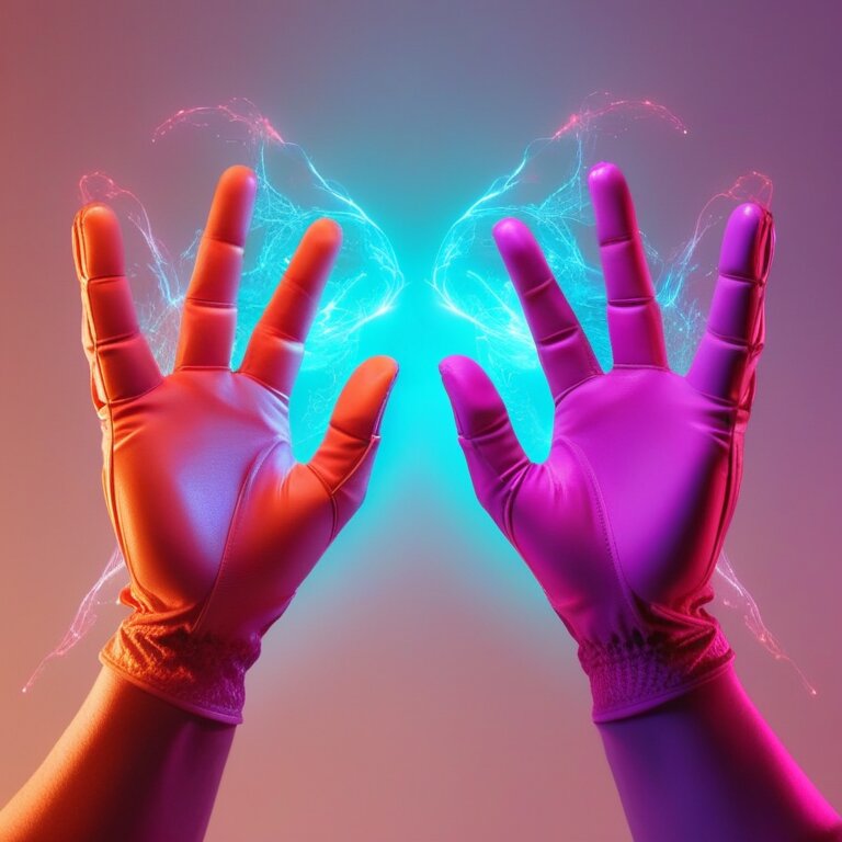 Masked hands meeting glowing bare hands for connection