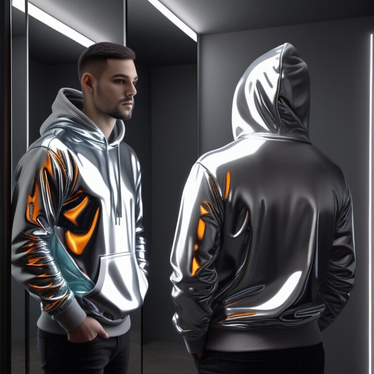 A person in a mirror seeing grey hoodie vs reflective outfit duality