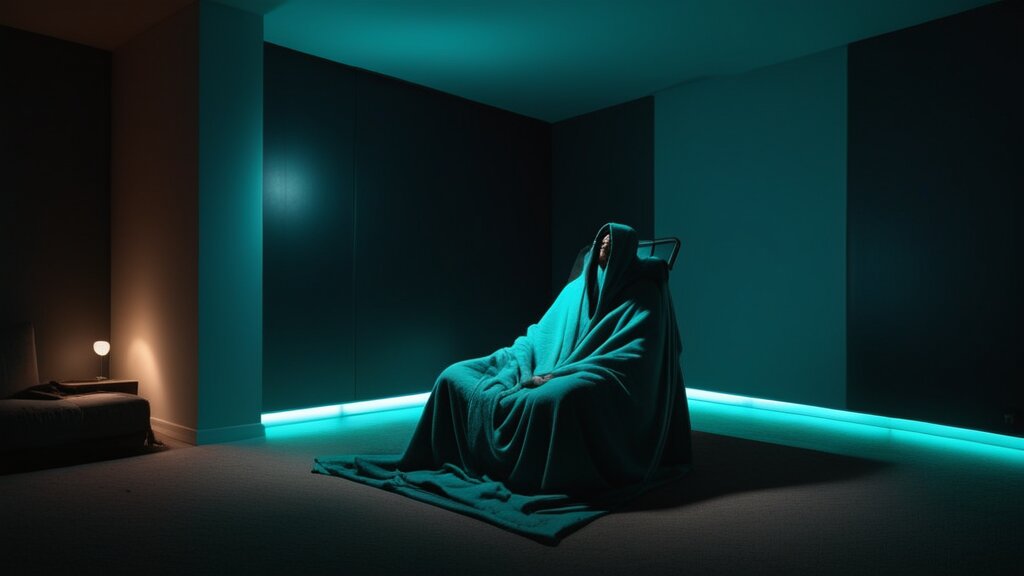 Leviticus (Alchemist) sitting in a dark minimalist room under a weighted blanket