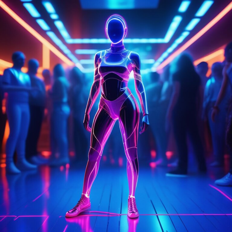 Vibrant stylized figure with a 'Sensory Shield' energy field on a dance floor