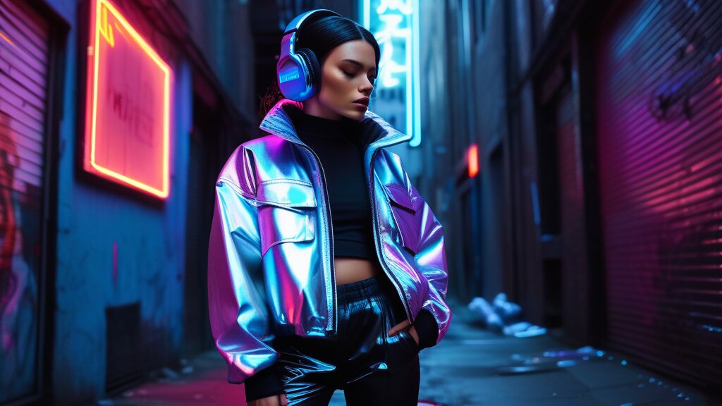 Riot in a holographic silver jacket in a neon urban alley
