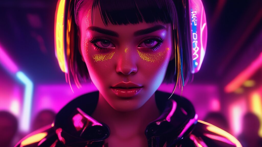 Riot with a 'cute but no' expression in a neon nightclub